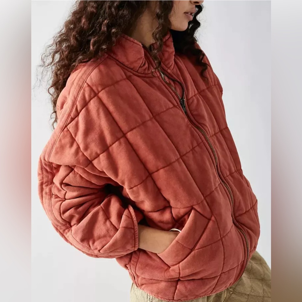 Free People Quilted Brick Red Bomber Jacket